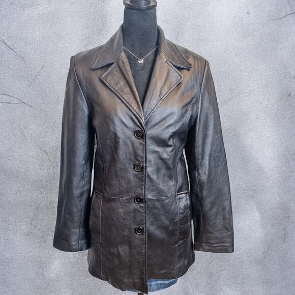 Vintage 90s/Y2K Outbrook Genuine Leather Longline Blazer Jacket Black Small - Picture 3 of 12